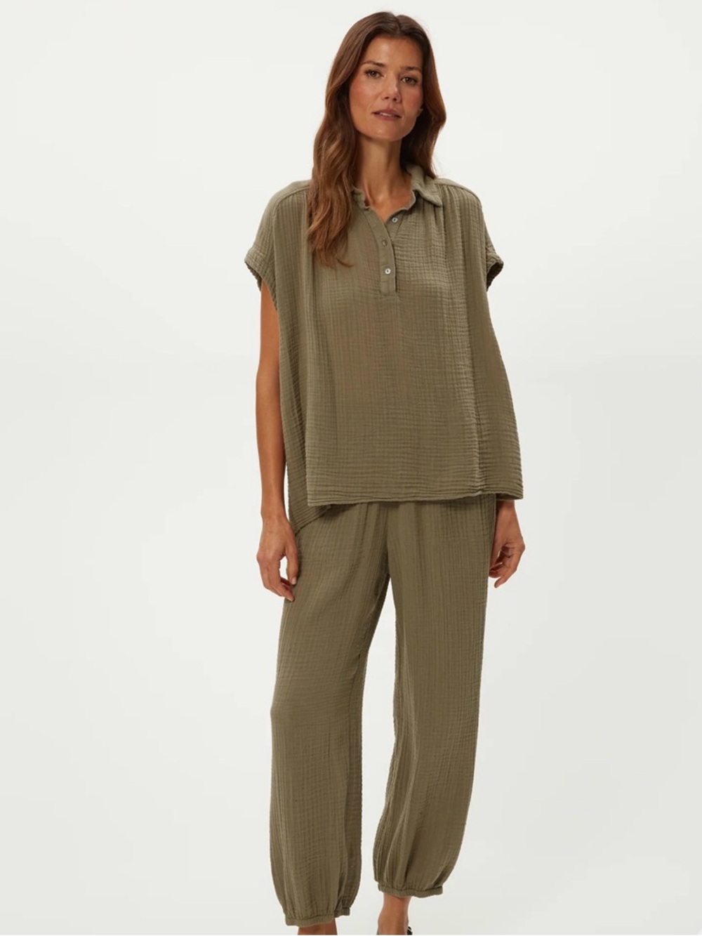 Michael Stars Relaxed Double Gauze Top in Olive‎